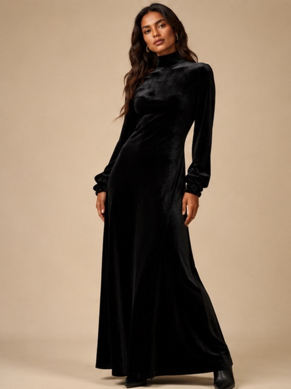 Elegant Black Velvet Mock Neck Maxi Dress Size Large Long Sleeve Holiday Formal